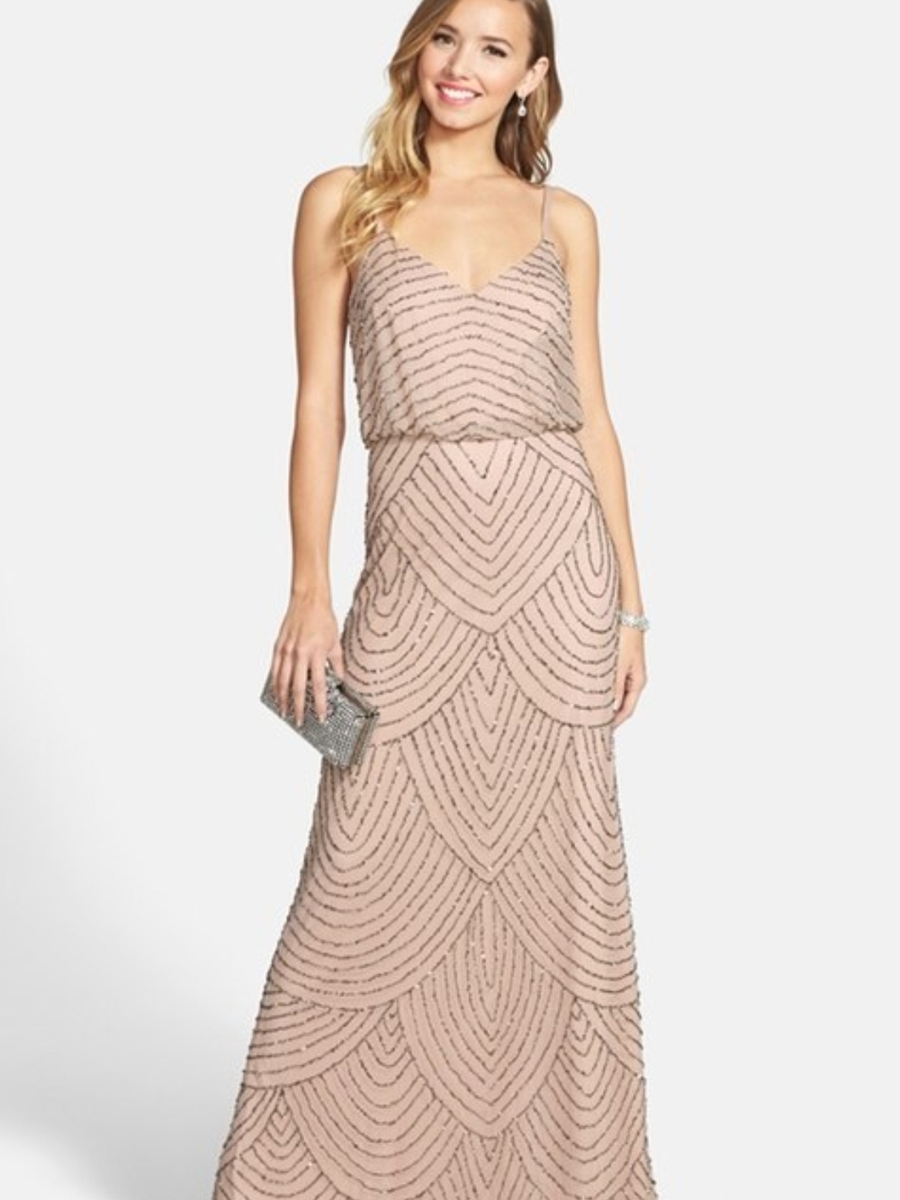 Adrianna Papell Blush Beaded Spaghetti Strap Maxi Dress